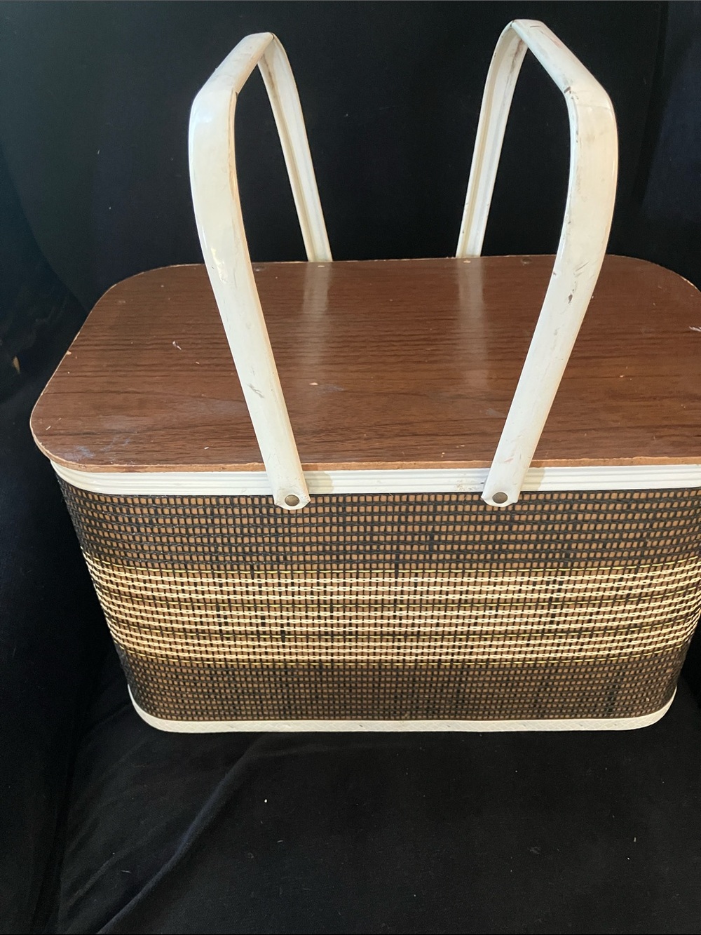 Vintage Woven Picnic Basket with White Handles